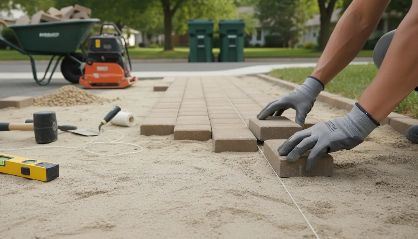 Nye fliser lægges i en sti ud til fortovet, så affaldsbeholdere kan køres ud til kantstenen.