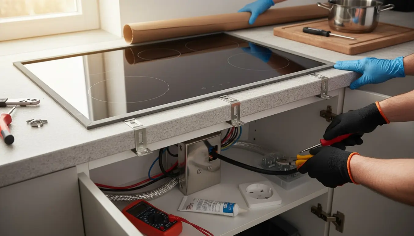 Håndværker sænker en induktionskogeplade i en forudskåret bordplade og monterer elforbindelse i skabet nedenunder.