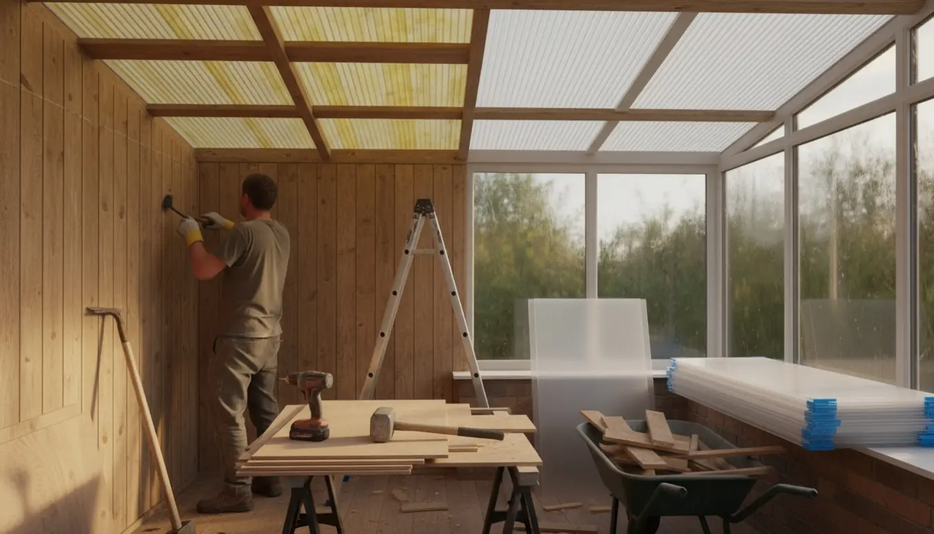 Renovering af udstue med fjernelse af trævæg og udskiftning af tagplader, værktøj og byggematerialer synlige.