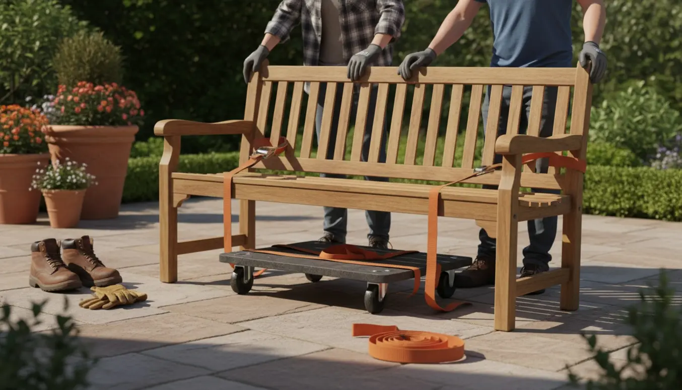 To personer flytter en 160 cm havebænk på en flytetrille i en solrig have.