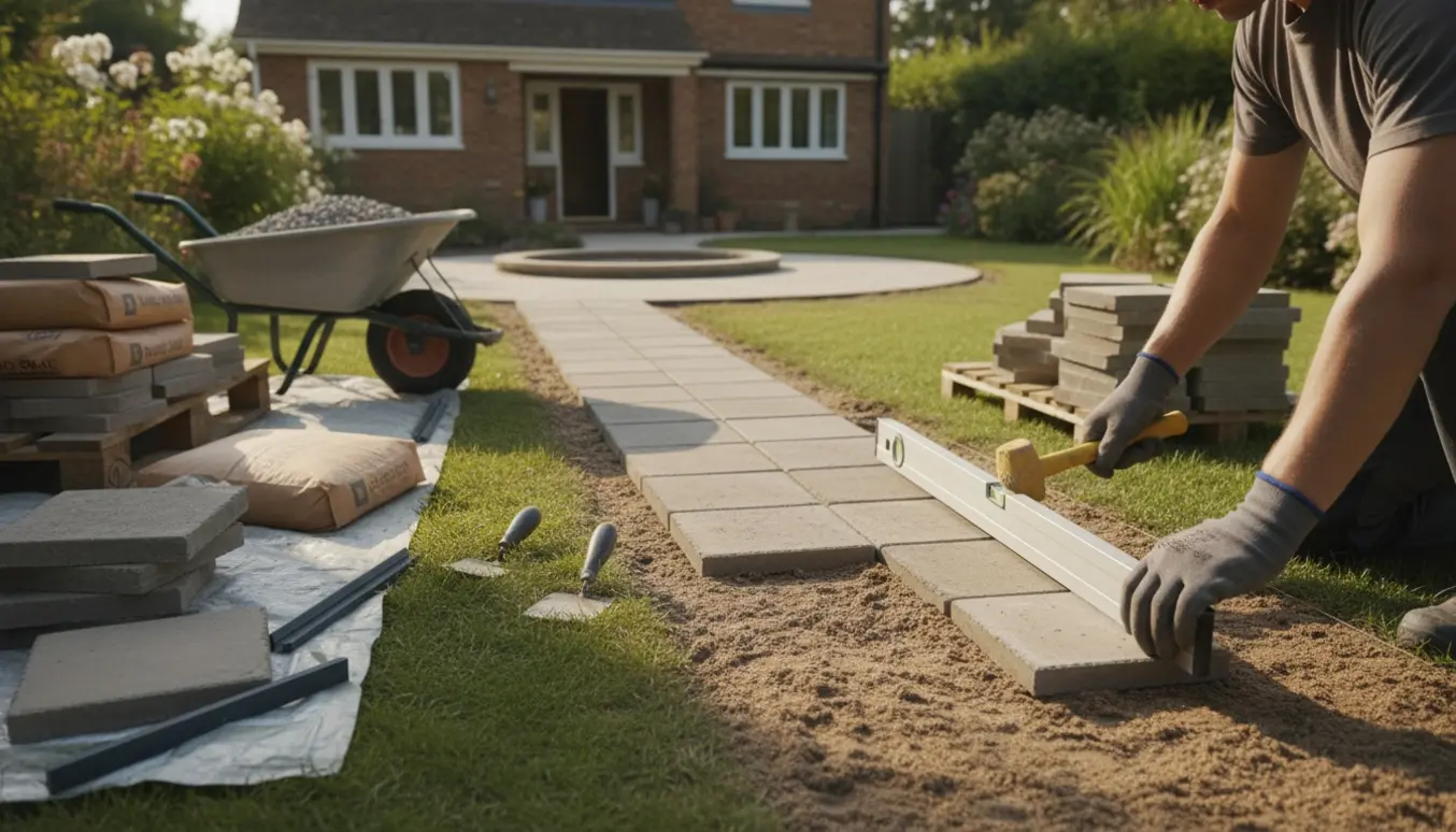 Hænder lægger små kvadratiske betonfliser til en sti og udvider en terrasse langs huset.