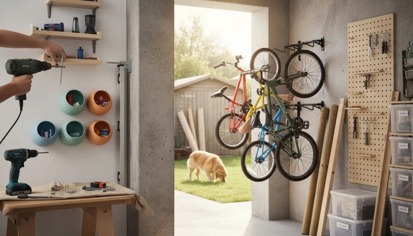 Person monterer et vægmonteret TV og organiserer hylder, plastkasser og cykelophæng i carporten, med hegnsmaterialer i haven.