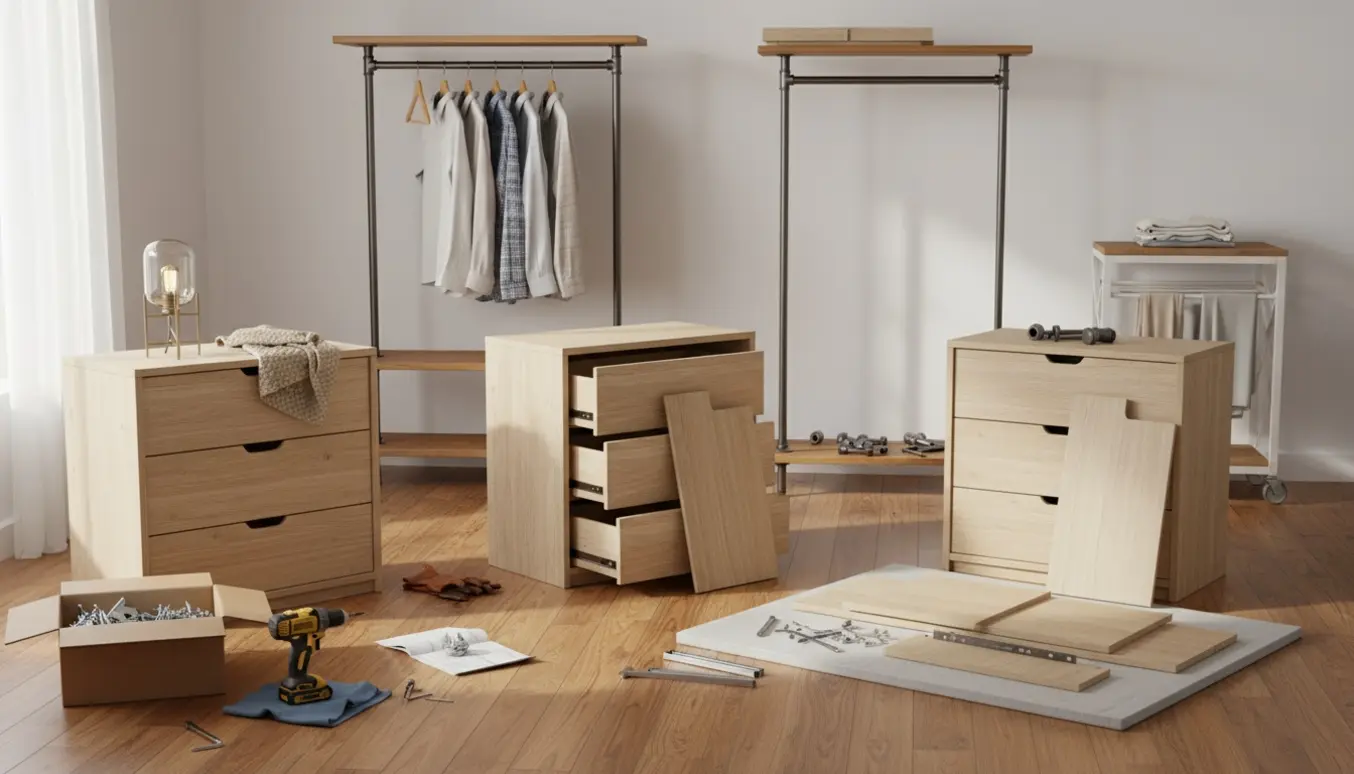 Solfyldt rum med delvist samlede kommoder, industrielle tøjstativer af vandrør, et vasketøjsstativ og værktøj spredt omkring.