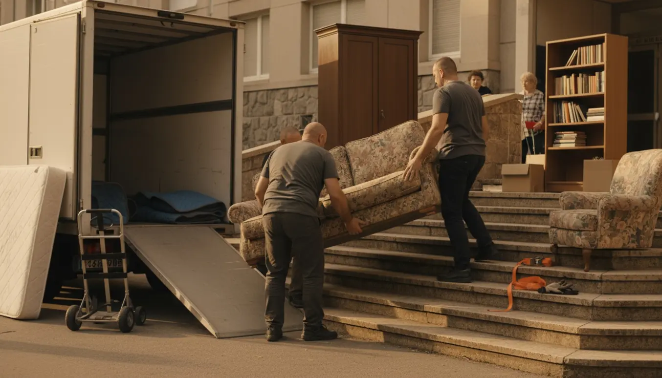Flyttemænd bærer tunge møbler ned ad en trappe mod en åben varebil.