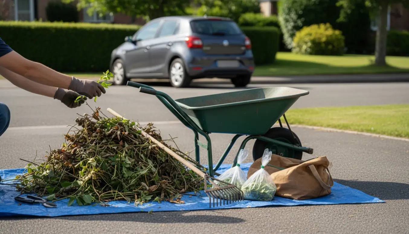 Bunke med haveaffald og to sække ved indkørsel, klar til afhentning.