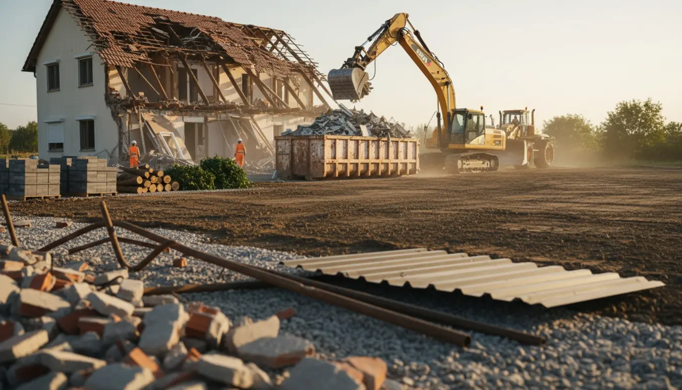 Nedrivningsplads med delvis væltet hus, gravemaskine, bunker af murbrokker og grovplaneret jord klar til byggeri.