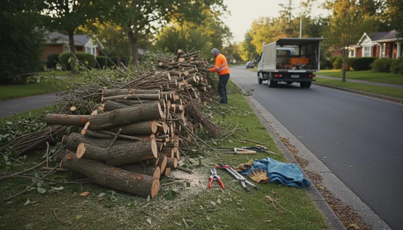 Stakke af nysavede grene og træstammer ved vejgrøft klar til afhentning.
