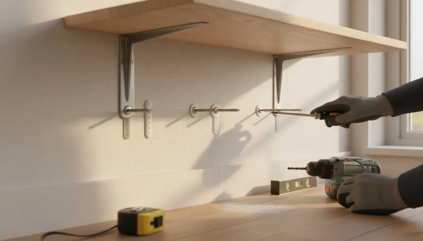 Nærbillede af montering af en hylde med to vanger, 6 mm rawlplugs og skruer, hvor en person bruger en slagboremaskine.