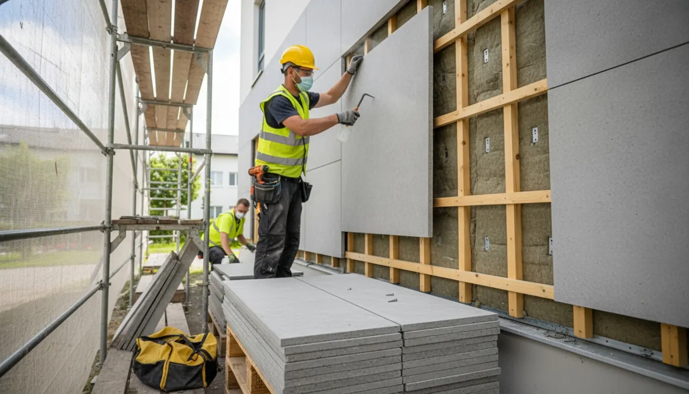 Arbejdere fjerner og stabler Cembrit fiber-cement plader fra en bygning med værktøj og sikkerhedsudstyr.