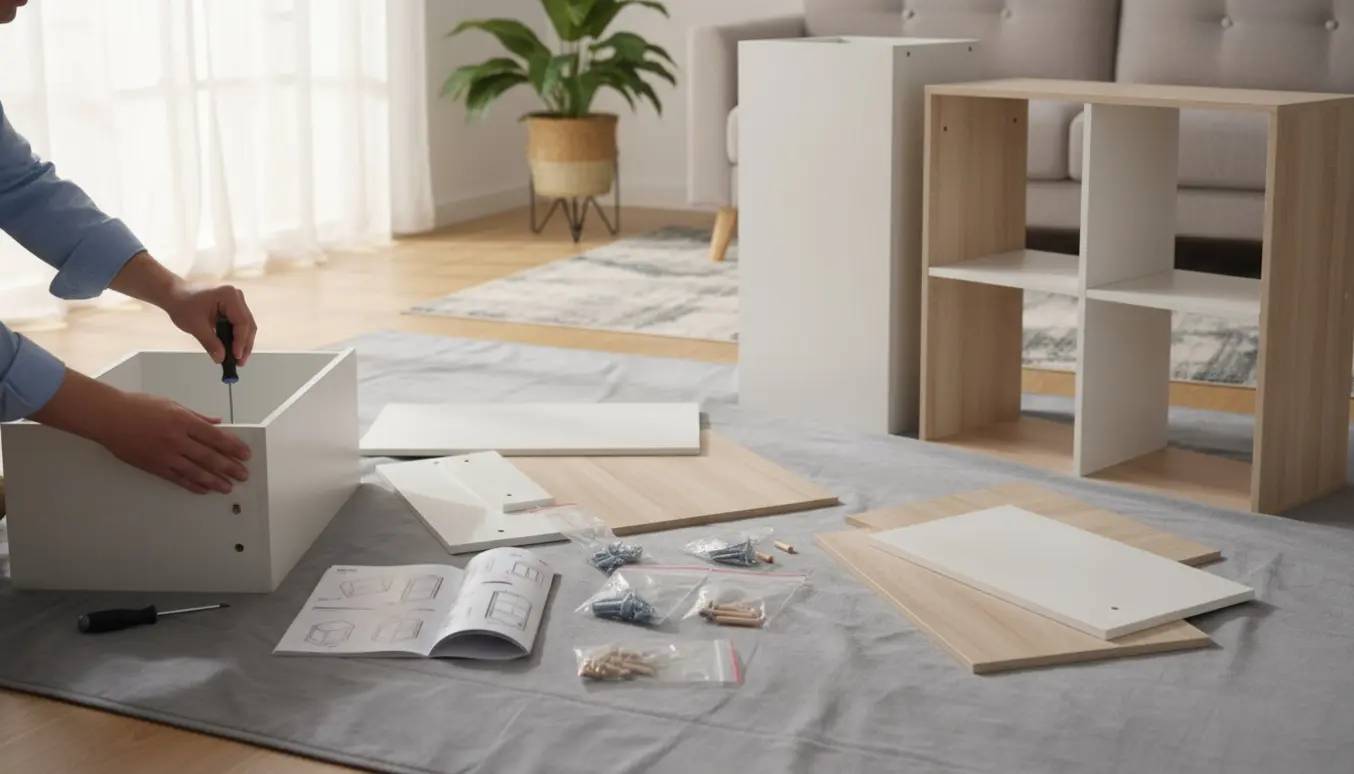 Hænder samler et fritstående skab og en kasse med fire rum fra flade pakker på et lyst stuegulv.