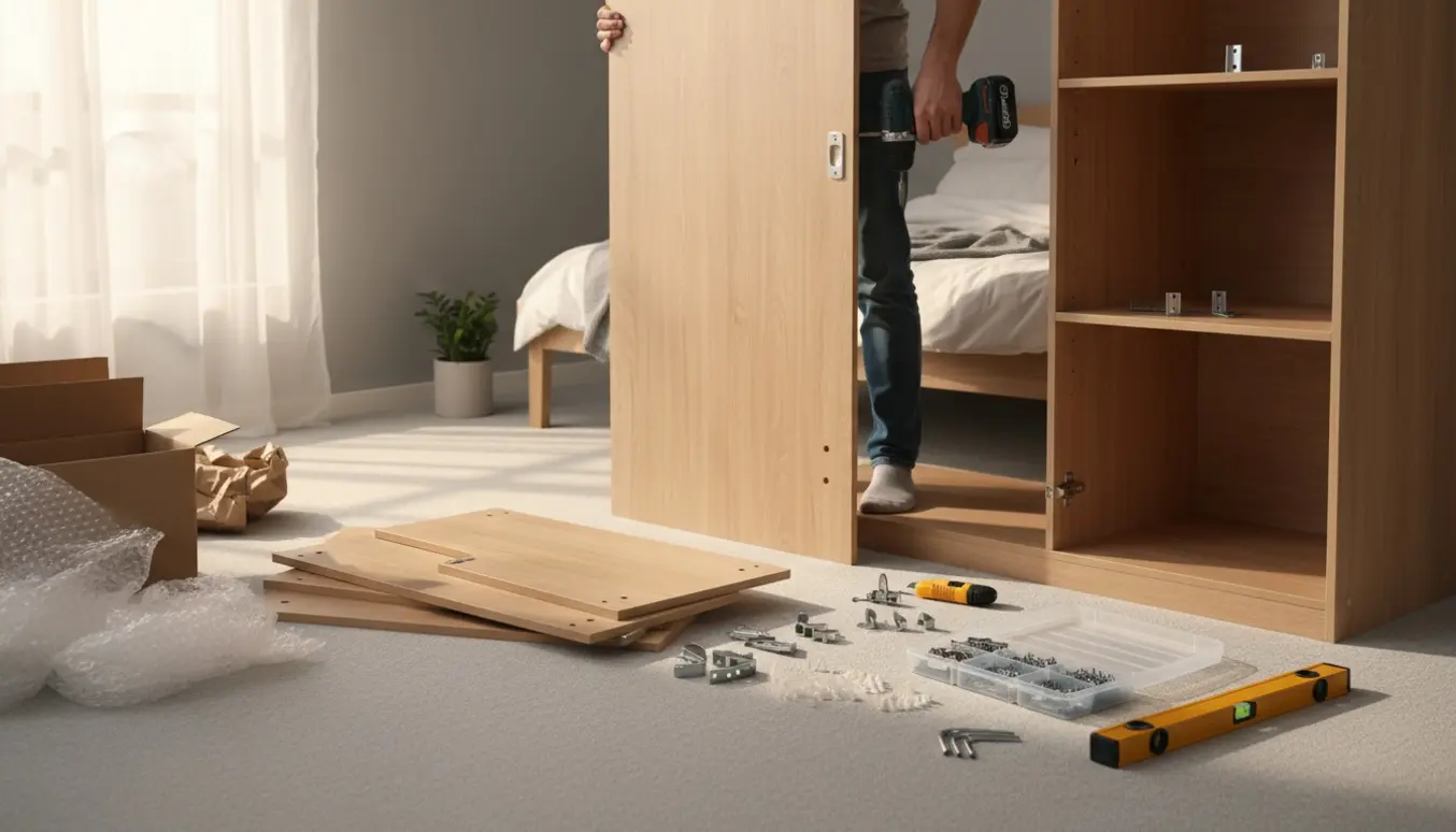 Hænder samler et nyt garderobeskab i et lyst værelse med værktøj og dele spredt omkring.