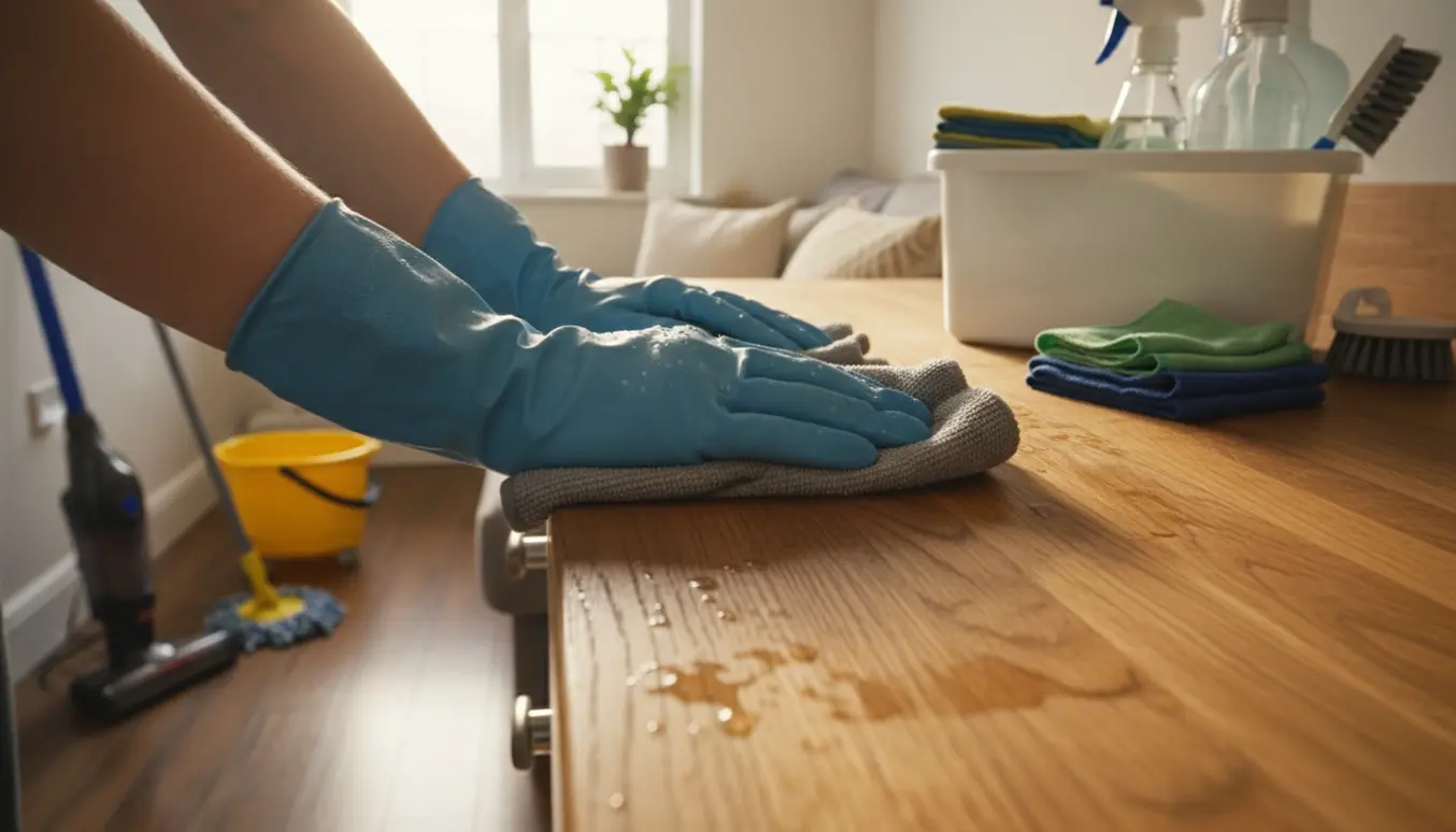 Hænder i gummihandsker pudser køkkenbord i lyst rækkehus med moppe og rengøringskasse.
