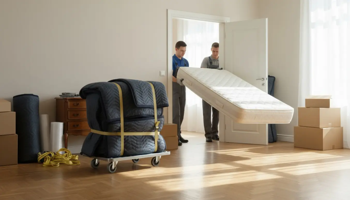 To flyttemænd bærer en madras gennem en dør, mens to små kommoder er pakket og klar ved siden af.