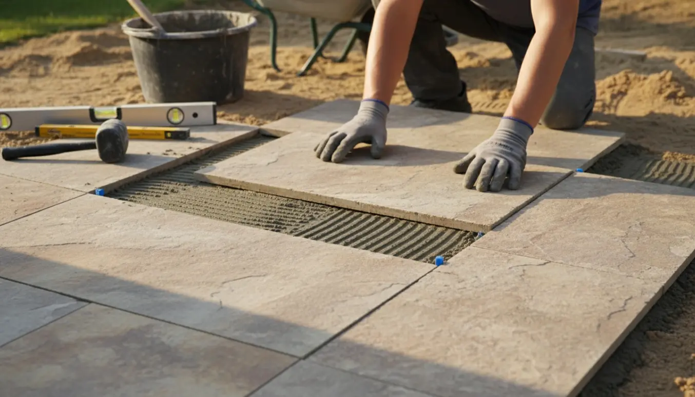 Delvist fliselagt terrasseområde med fliser, murske, fugeklodser og værktøj i blødt naturligt lys.