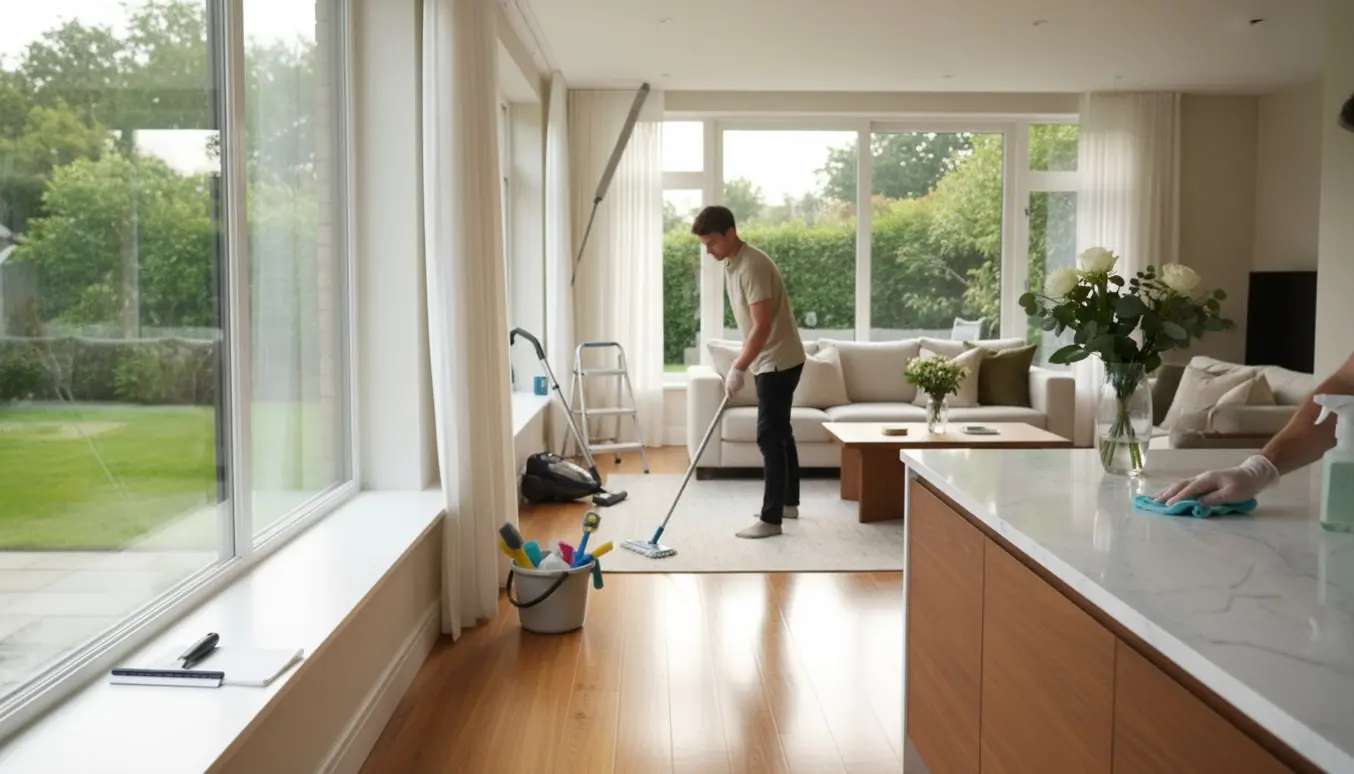 Solfyldt stue under afsluttende rengøring med skinnende gulve og pudsede vinduer.