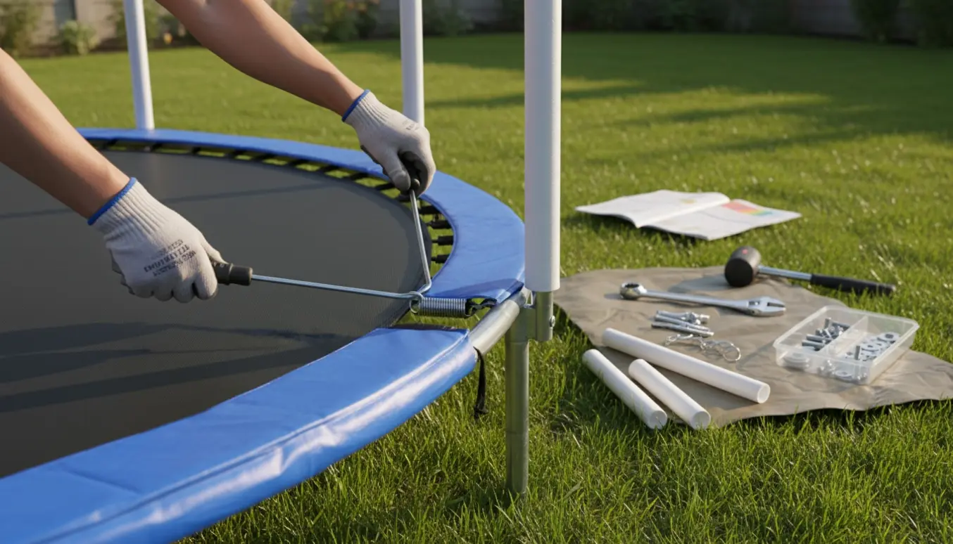 Hænder monterer trampolinfjedre på en delvist samlet trampolin på græs med værktøj ved siden af.