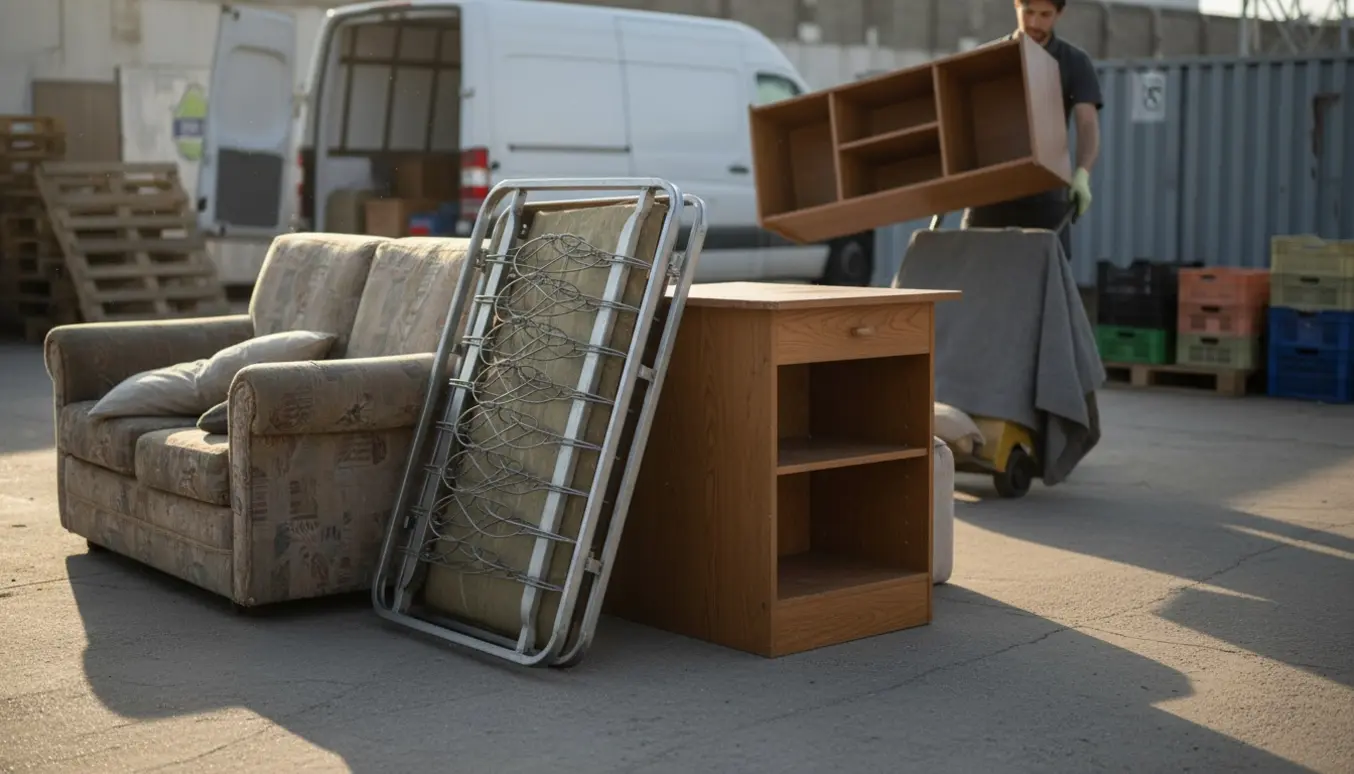 Brugt sofa, sovesofa, skrivebord og lille reol afleveret ved en genbrugsplads.