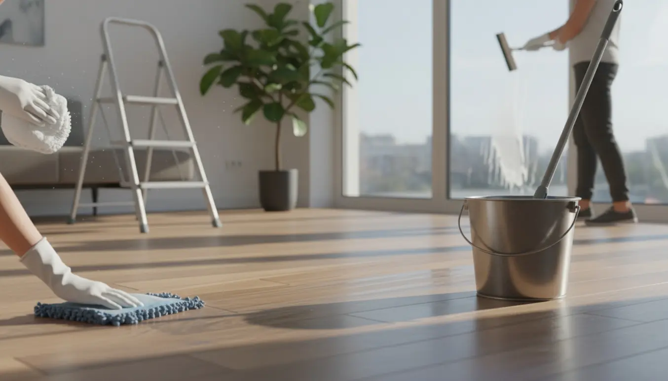 Solbeskinnet lejlighed under rengøring med støvsuger, moppe og hænder, der vasker vindue og tørrer loftsbjælker.