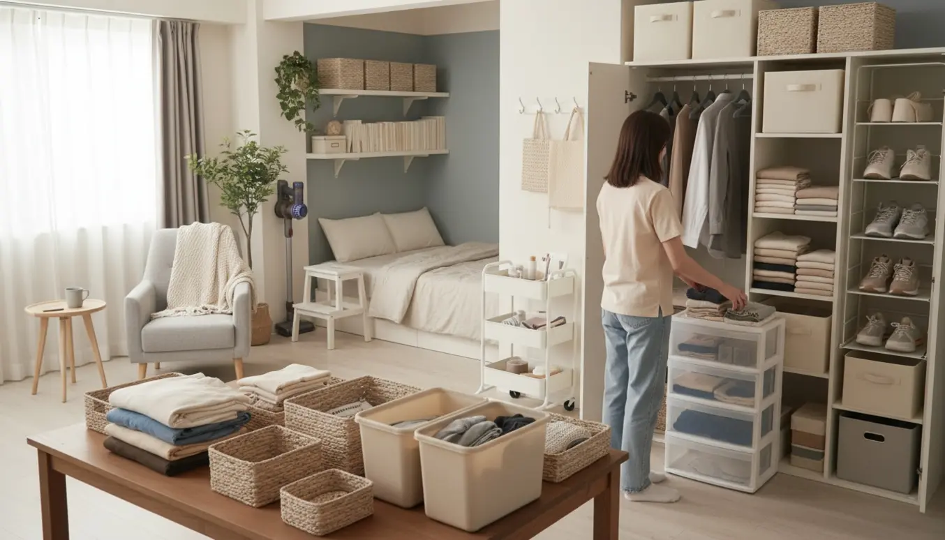 Organisering i en lille toværelseslejlighed med kurve, kasser og åbent skab.