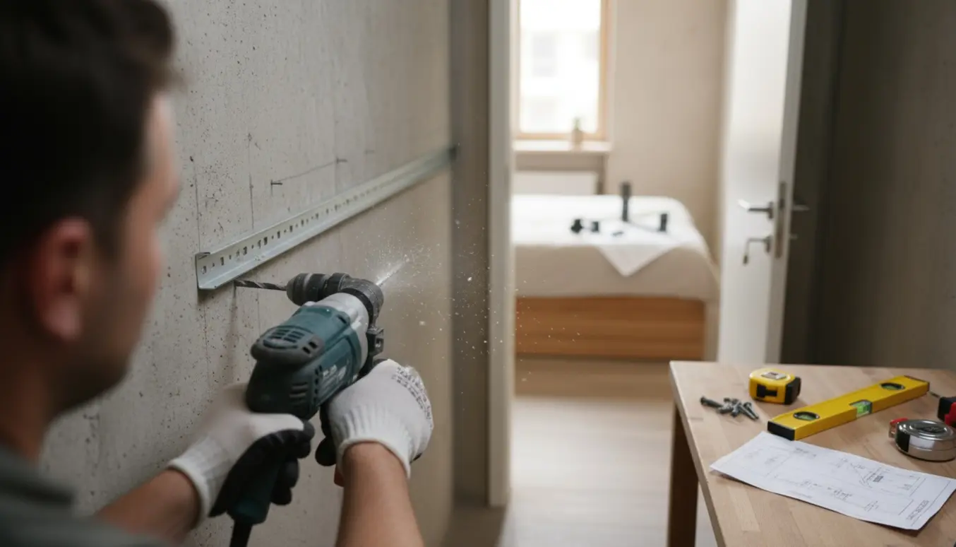 Håndværker borer i betonvæg for at montere hyldeskinne, omgivet af værktøj og murstøv.