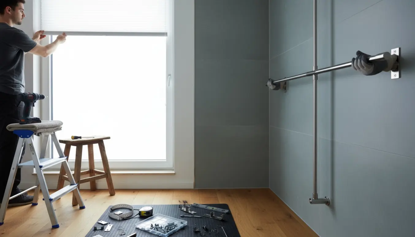 Montering af ny persienne ved et højt vindue og opsætning af brusestang i et lyst badeværelse.