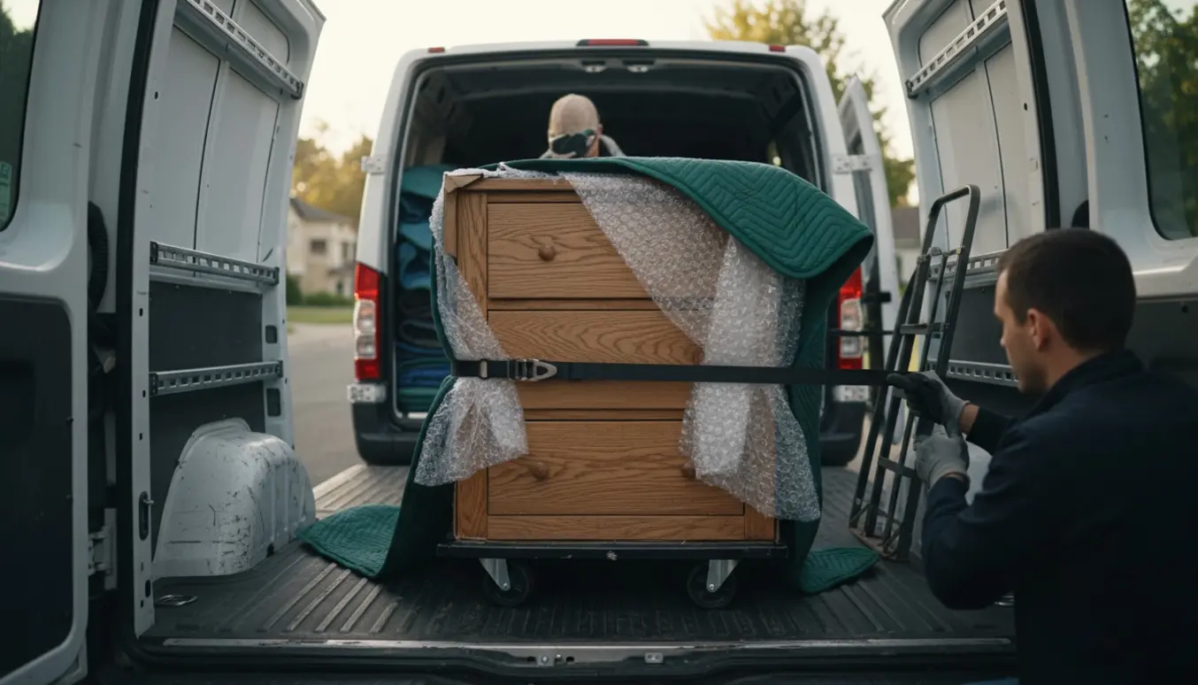 Lille kommode bliver pakket ind og læsset i en varevogn, med flyttetæpper og dolly, personer uden tydelige ansigter.