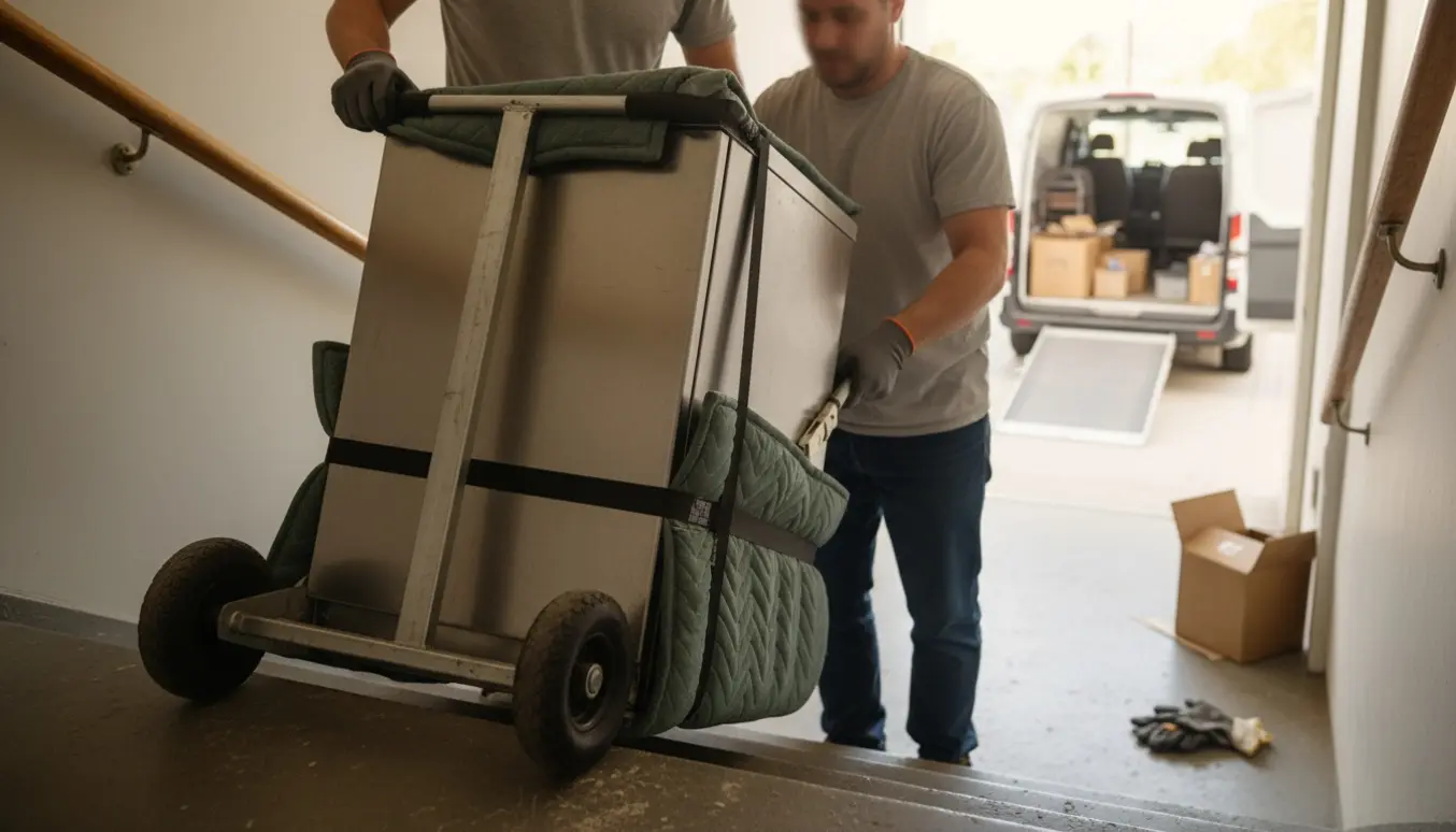 En opvaskemaskine bæres ned ad en opgang på en flyttetralle med beskyttelsestæpper, klar til at blive kørt til genbrug.