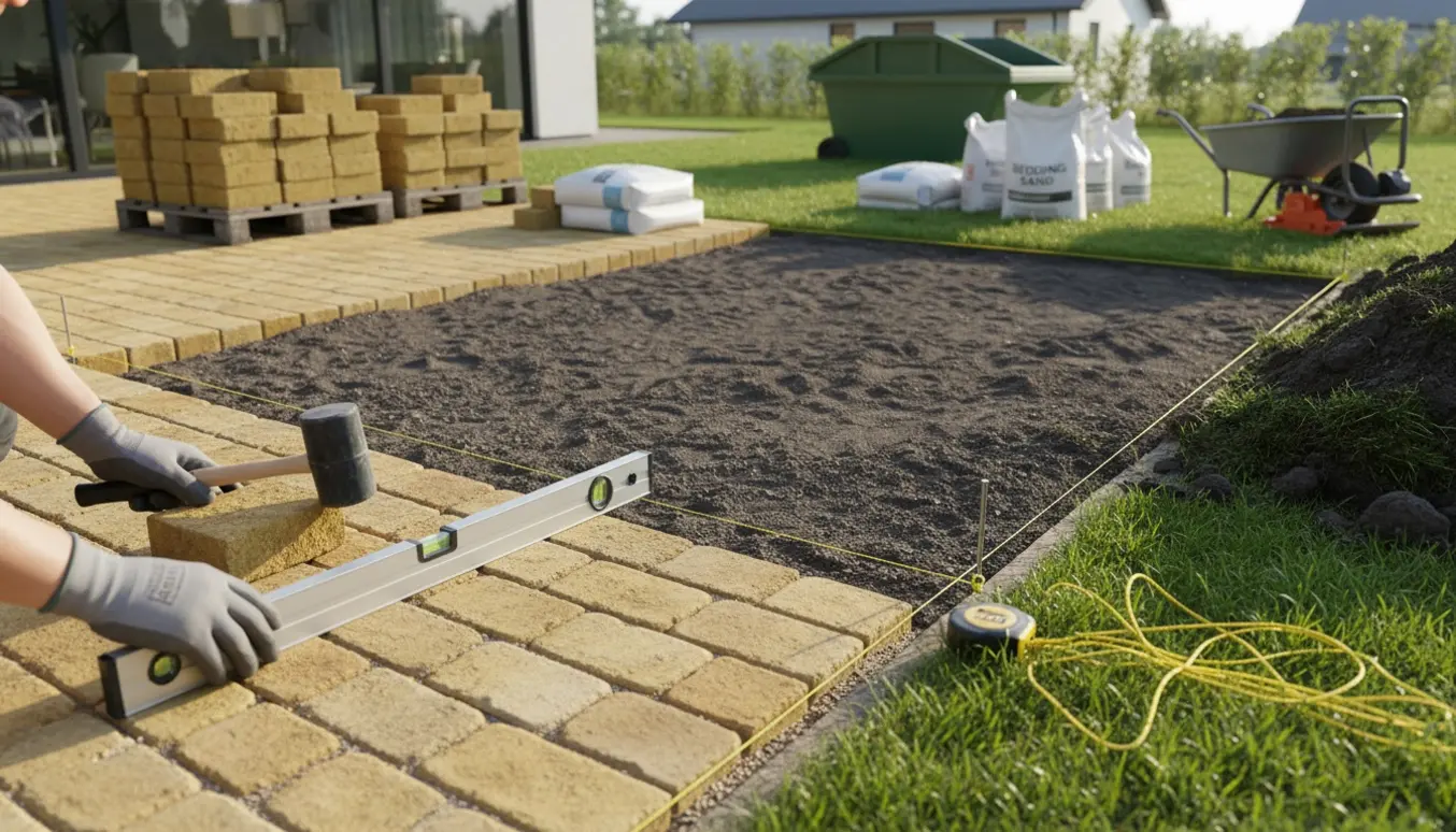 Ny terrasse i gule herregårdssten under anlæg ved en eksisterende terrasse, med værktøj og materialer på plads.