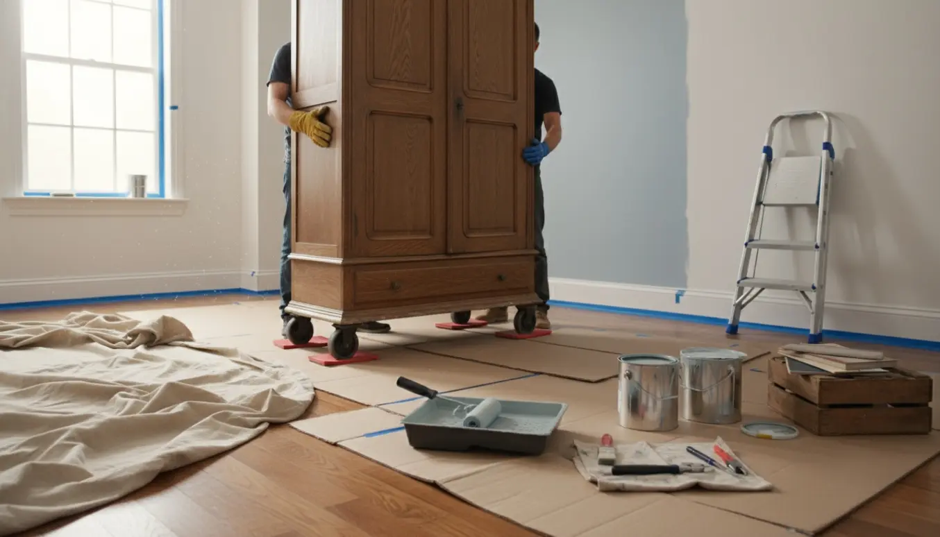 Et værelse under renovering med et skab på flyttevogn og en halvmalet væg med malergrej.