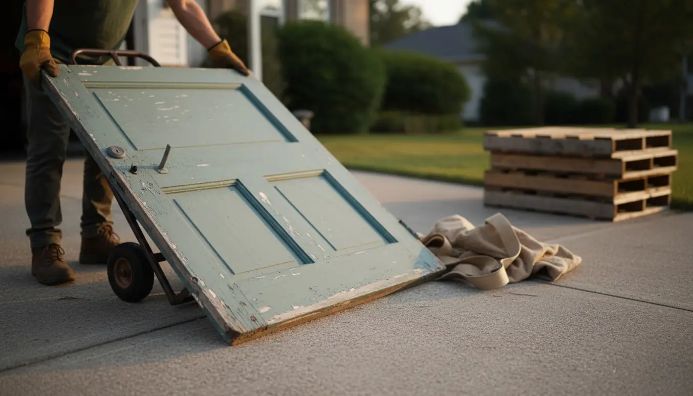 Dør, karm og træpalle klar til storskrald i en indkørsel, en person flytter dem uden at vise ansigt.