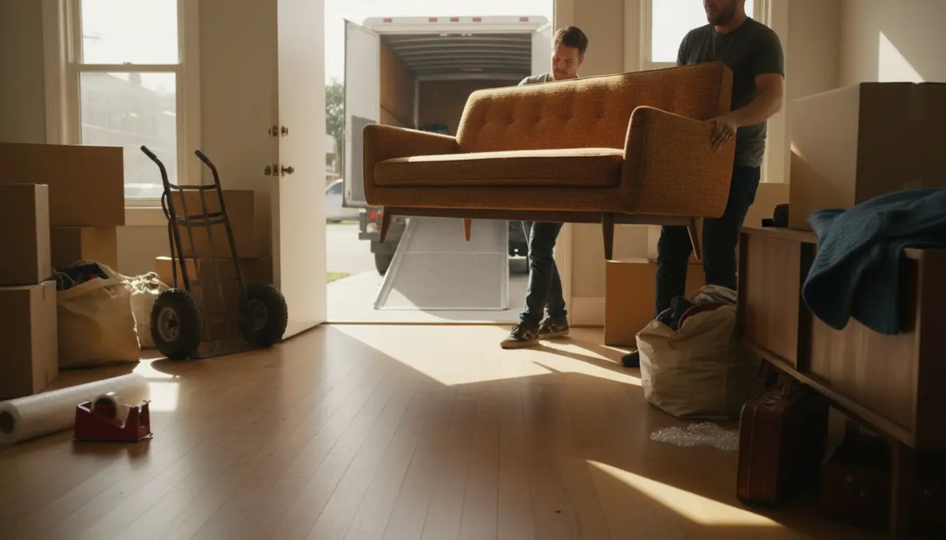 To personer bærer en sofa forbi flyttekasser, flyttetæpper og en åben varevogn på flyttedag.