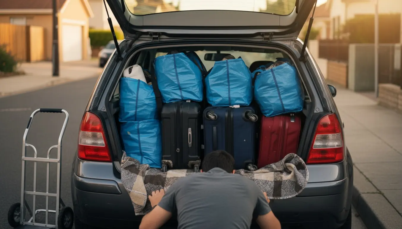 Åben bilbagagerum fyldt med seks blå Ikea-lignende poser og tre kufferter klar til flytning.