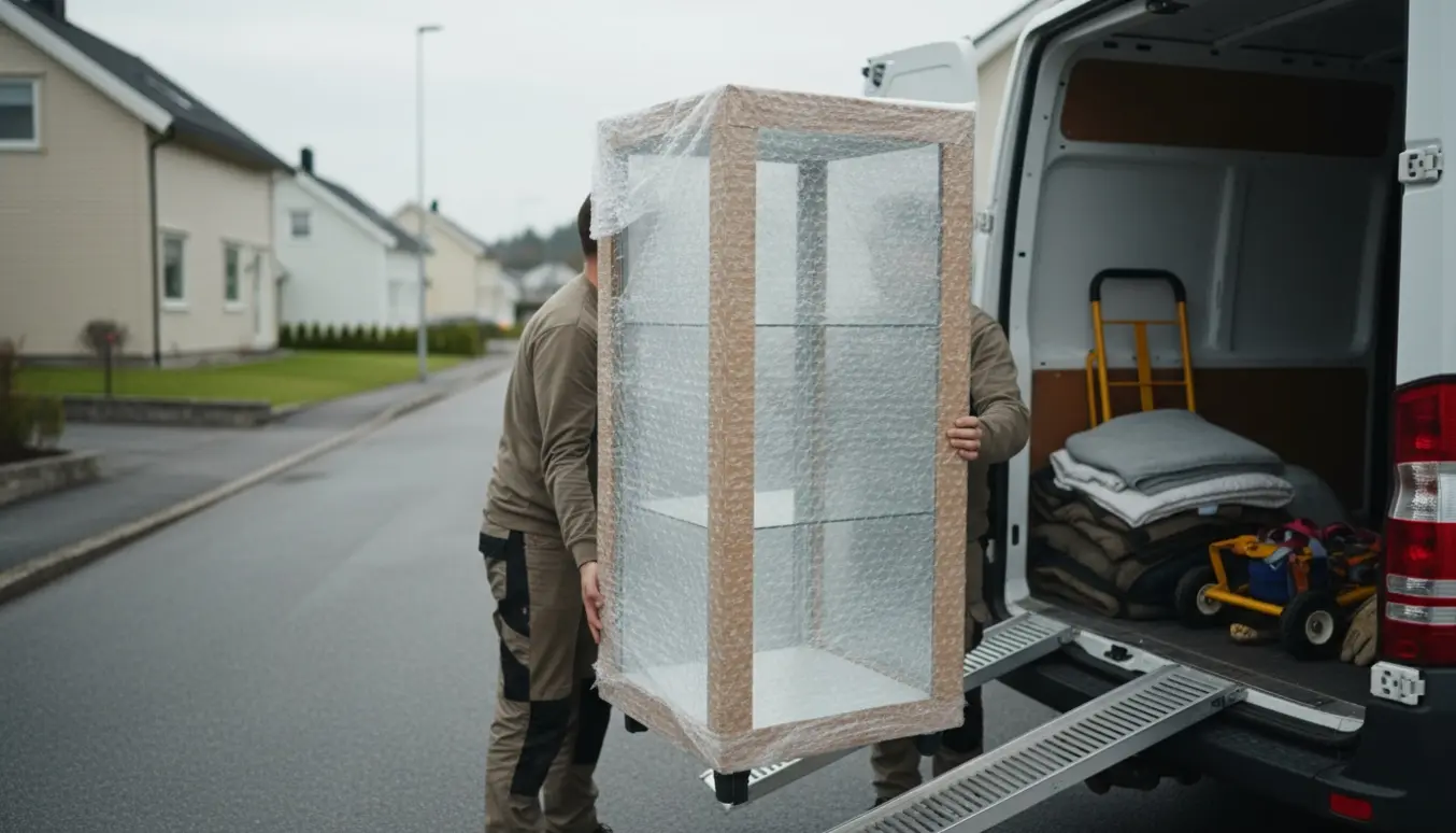 Et lille glasskab bliver forsigtigt læsset ind i en ubrandet hvid varevogn på en nordisk villavej.