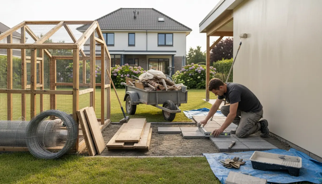 Delvist nedrevet voliere med skrot på trailer, fliser under lægning og carportsiden under maling.