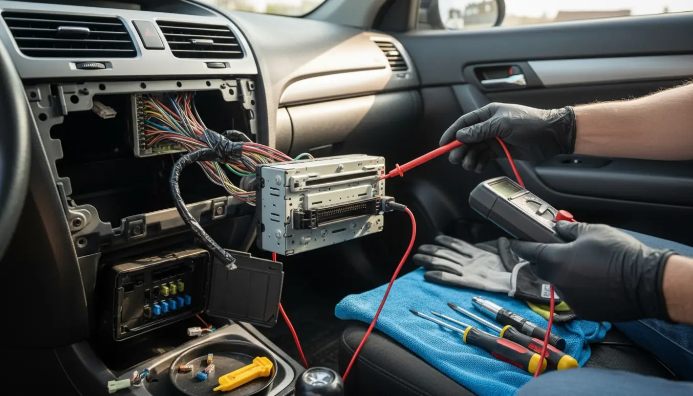 Nærbillede af fejlfinding på autoradio med multimeter og åben instrumentbræt i en bil, ingen synlige ansigter.