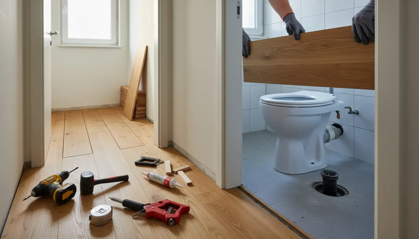 Delvist lagt trægulv i lille badeværelse og smal gang med værktøj og toilet klar til montering.