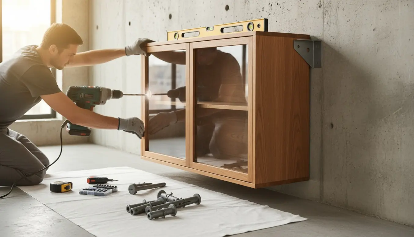 To personer monterer et vitrineskab på en betonvæg, én holder skabet mens den anden borer og sætter beslag.