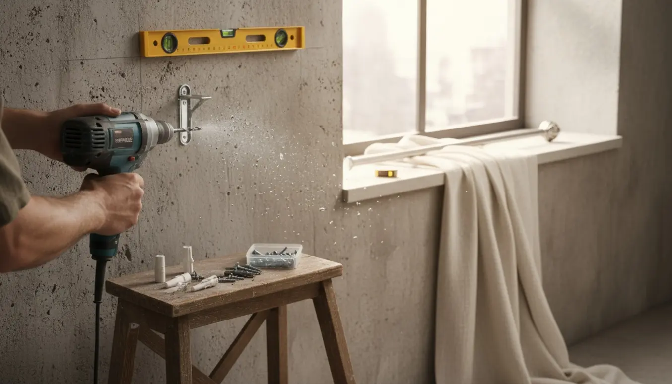 Beslag til lange stofgardiner monteres på en betonvæg ved et solbelyst vindue.