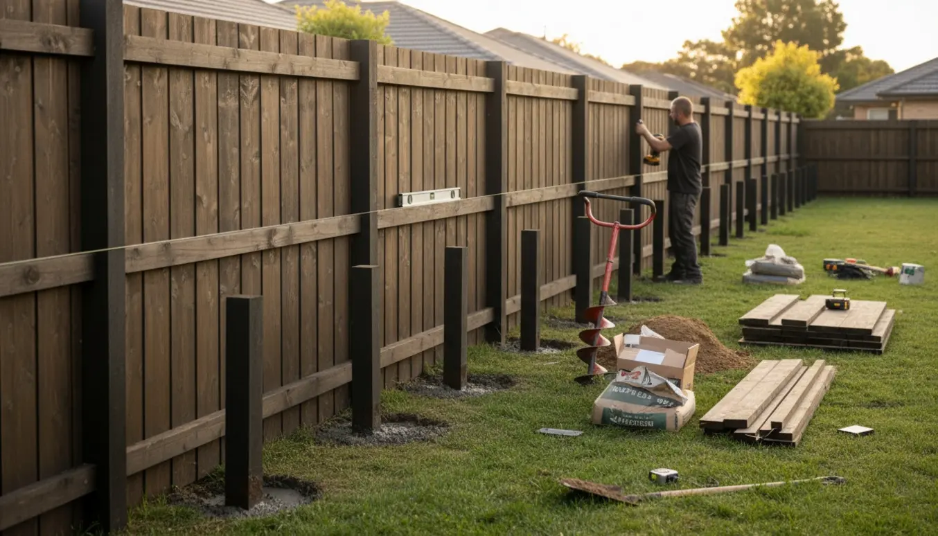 Opsætning af elementhegn langs skel med pæle, hegnselementer, støbemix og værktøj i naturligt lys.