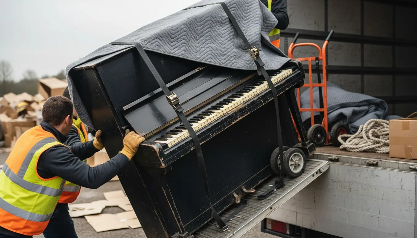 Et lille up-right klaver på en møbelvogn, pakket ind og sikret mens det lastes af til genbrugspladsen.