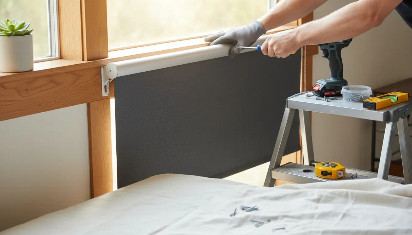 Nærbillede af hænder, der justerer et mørklægningsrullegardin ved vinduesrammen med værktøj på en trinstige.