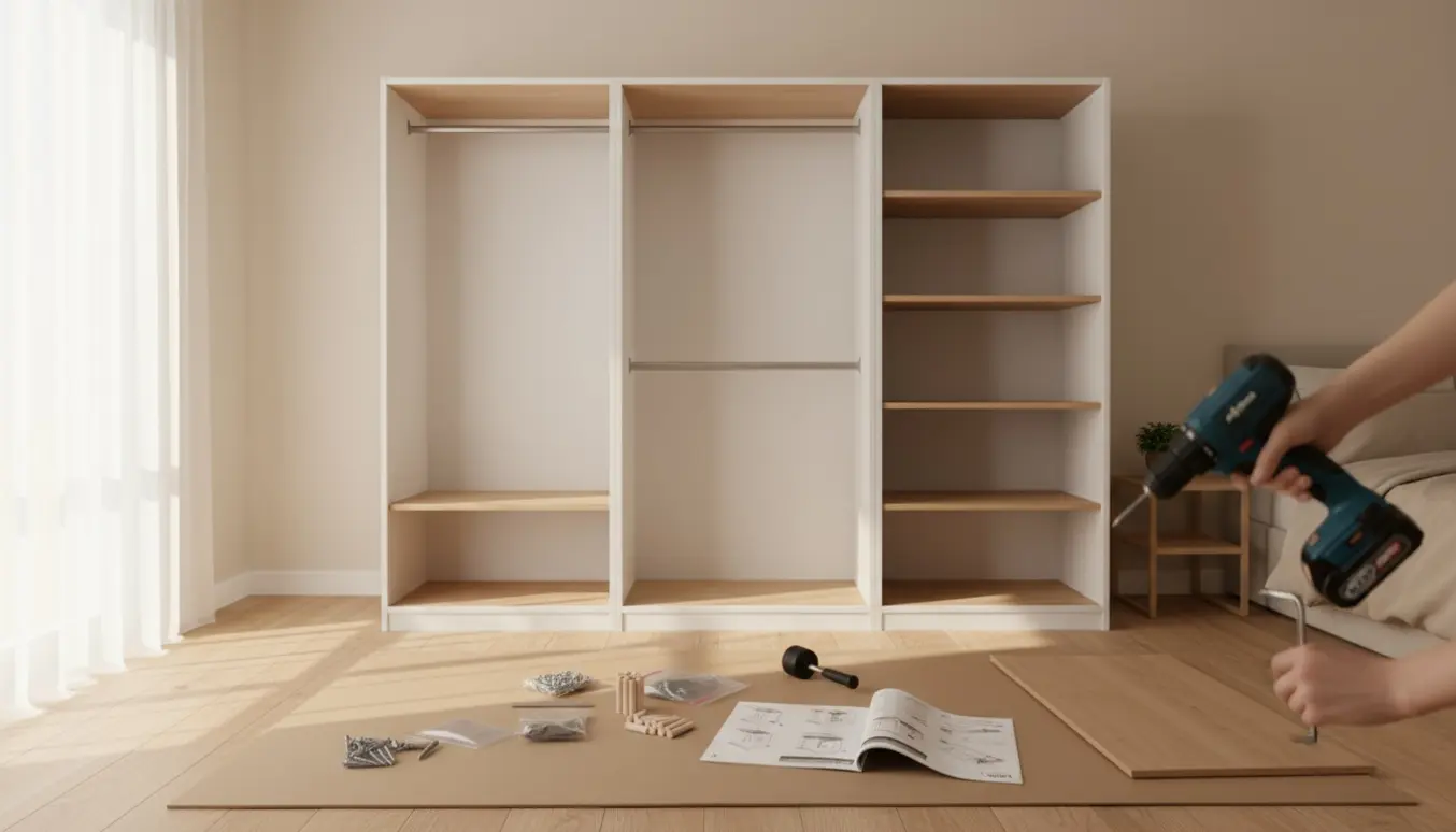Et lyst foto af et PAX-garderobeskab under samling med værktøj og hænder i fokus.