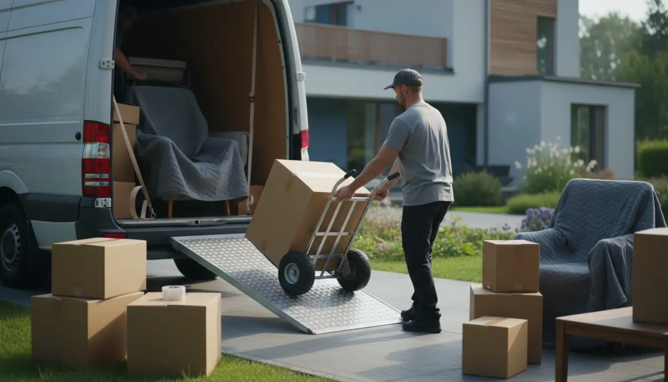 Åben flyttebil med pakkede flyttekasser og hjælpere der læsser møbler foran et dansk hus.