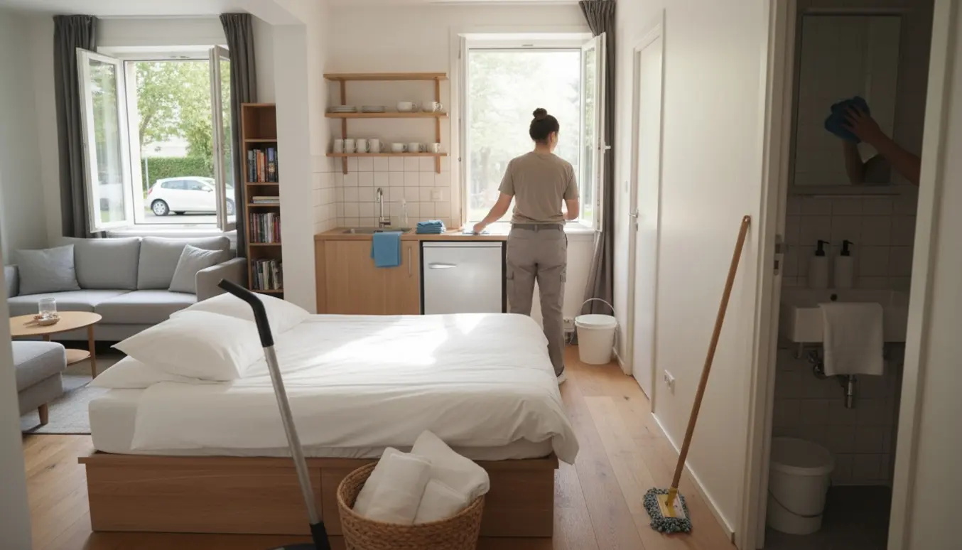 Rengøring af en lille lejlighed efter gæster med nyvasket sengetøj, støvsuger og moppe.