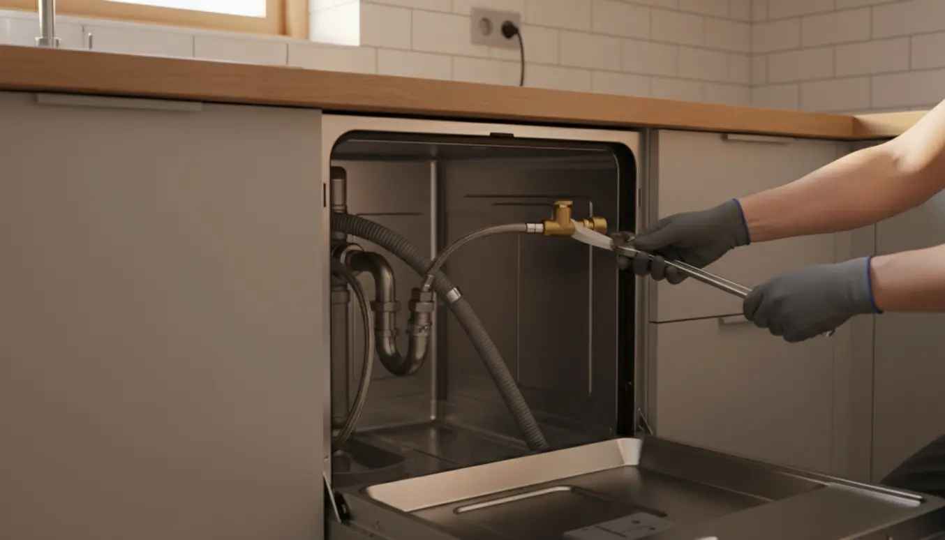 Installerer tilslutter opvaskemaskine under køkkenbordet med drypbakke synlig.