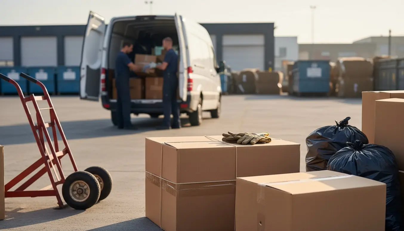 To personer læsser bundter af pap og sække med skrald ind i en åben varevogn ved en genbrugsplads.