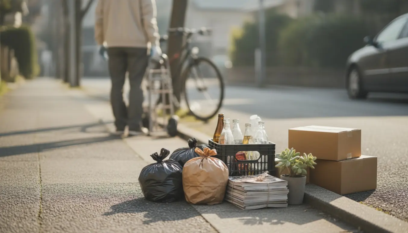 Blandet husholdningsaffald lagt pænt ved kantstenen, klar til afhentning med en person stående i sikker afstand.