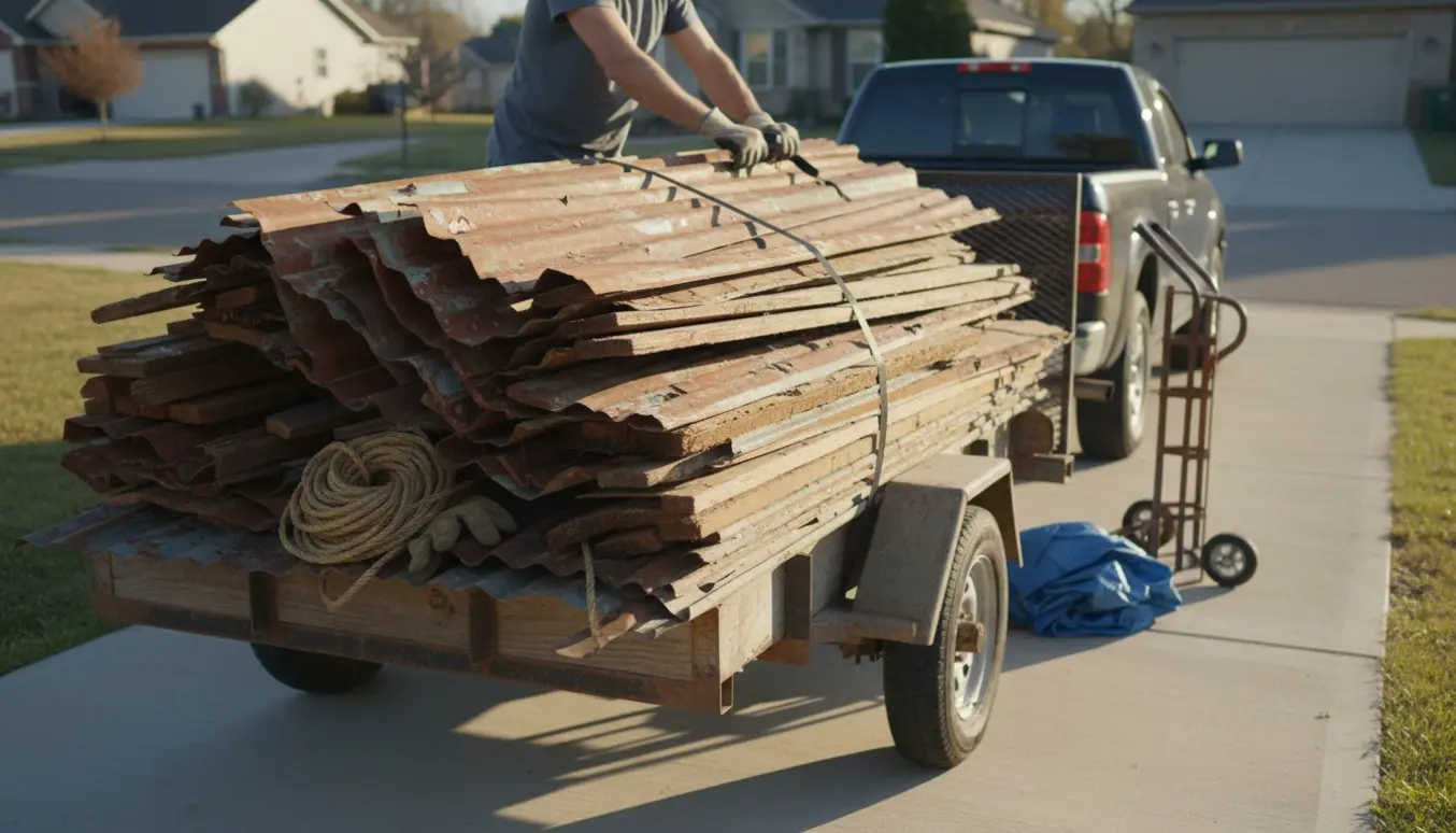 Åben trailer på indkørsel fyldt med gamle brædder og tagplader, sikret med en spændestrop mens tykke handsker ligger klar.