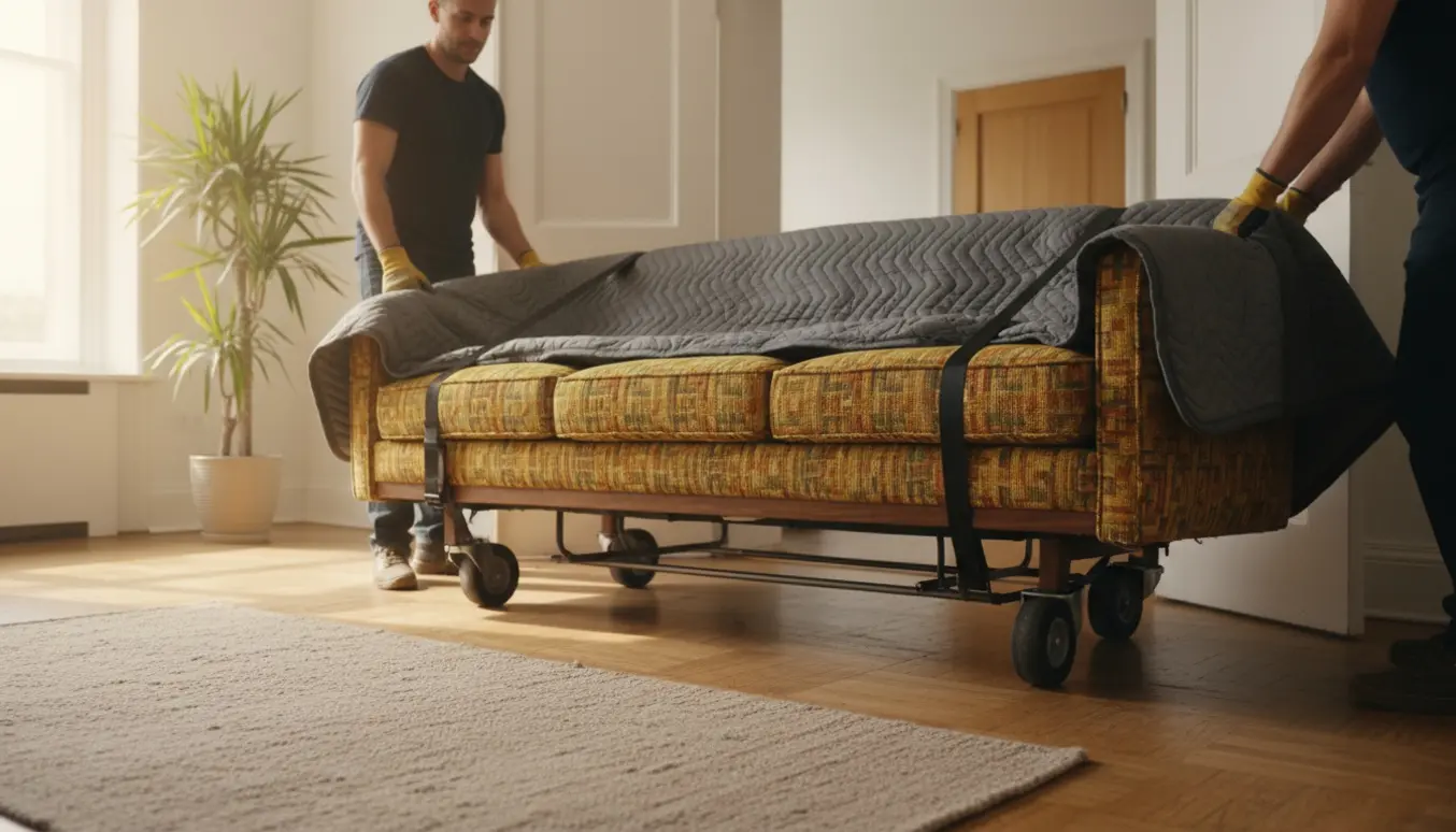 To personer bærer en sovesofa gennem en døråbning mellem stueetager med dolly og flyttetæpper.