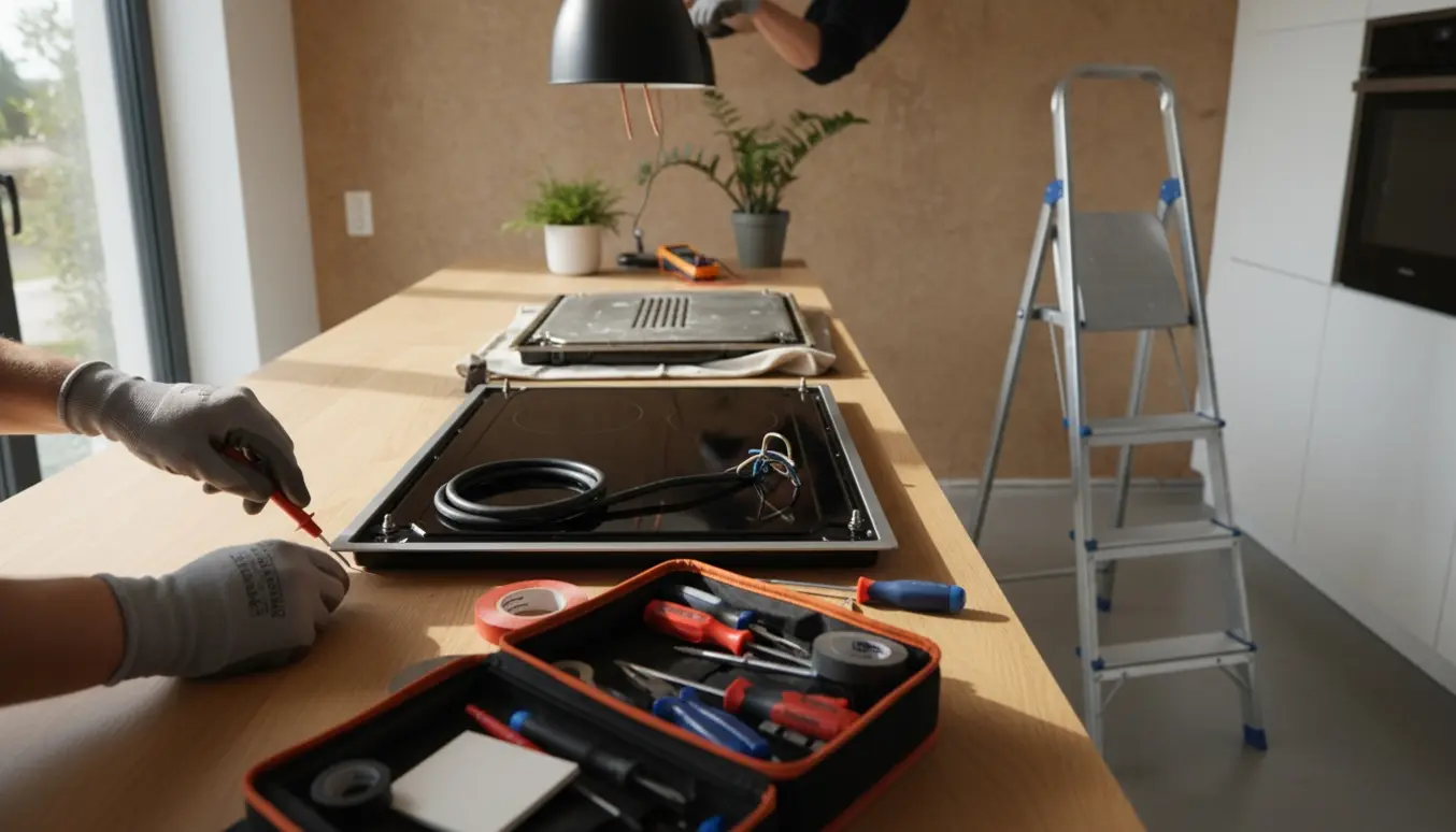 Installation af ny 60 cm induktionskogeplade og efterspænding af en løs lampeforbindelse i et lyst køkken.